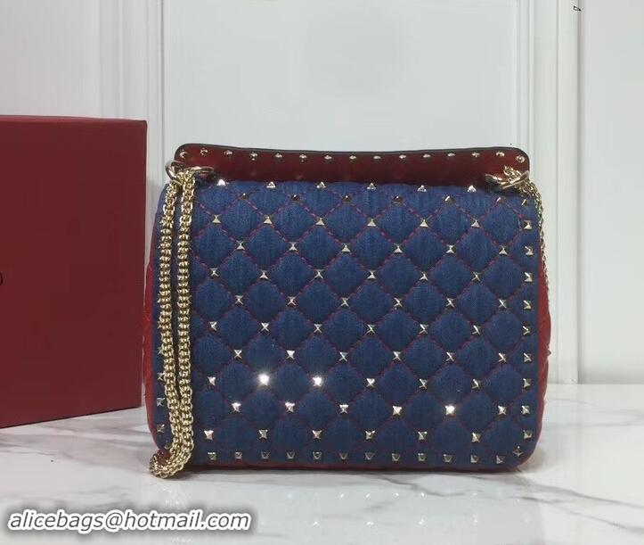 Best Price Valentino Medium Rockstud Spike Chain Bag 0122 Denim Blue/Leather Red 2019