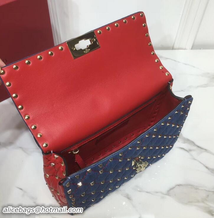 Best Price Valentino Medium Rockstud Spike Chain Bag 0122 Denim Blue/Leather Red 2019