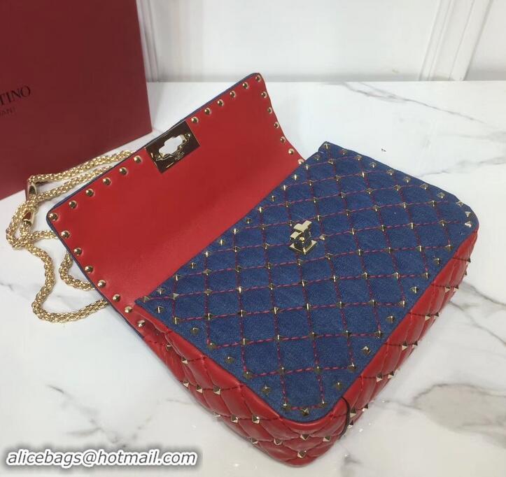 Best Price Valentino Medium Rockstud Spike Chain Bag 0122 Denim Blue/Leather Red 2019