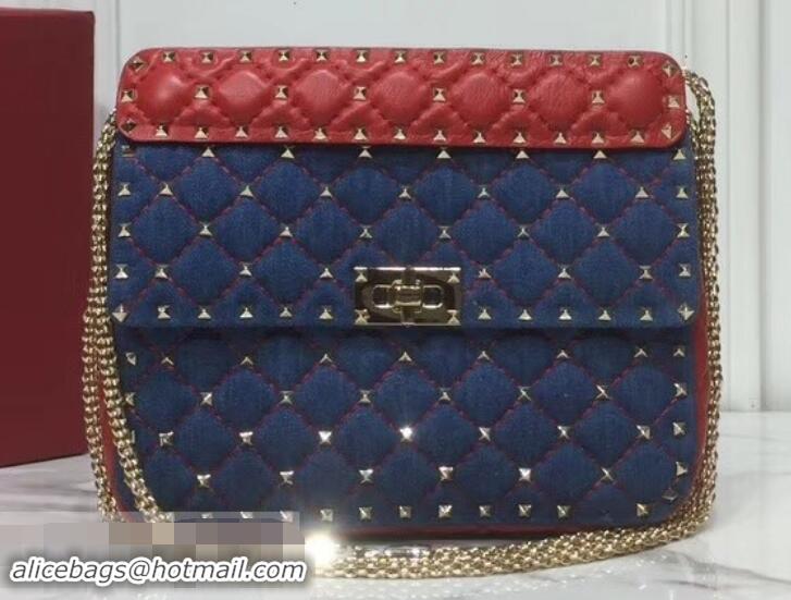 Best Price Valentino Medium Rockstud Spike Chain Bag 0122 Denim Blue/Leather Red 2019