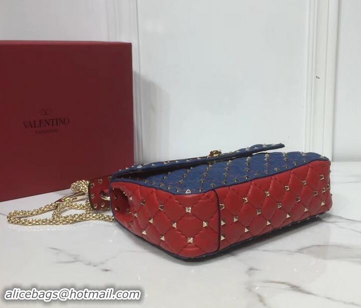 Best Price Valentino Medium Rockstud Spike Chain Bag 0122 Denim Blue/Leather Red 2019