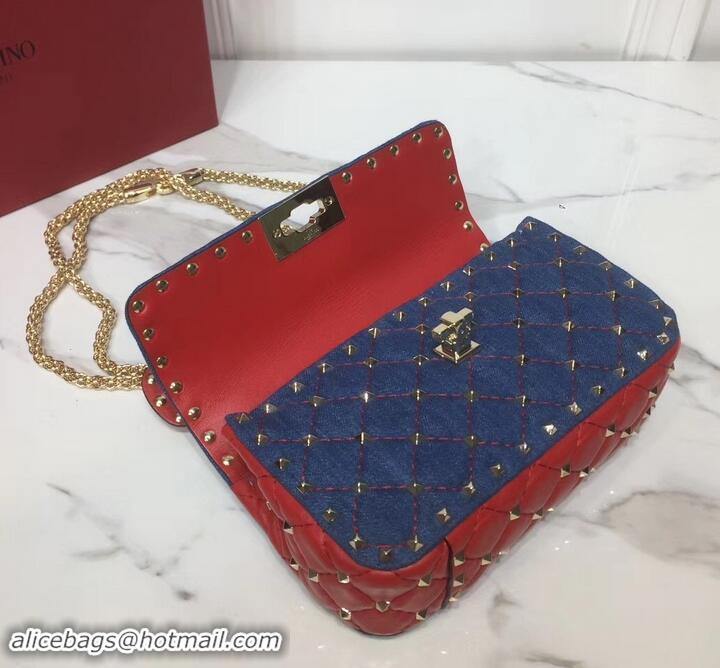 Best Valentino Small Rockstud Spike Chain Bag 0123 Denim Blue/Leather Red 2019