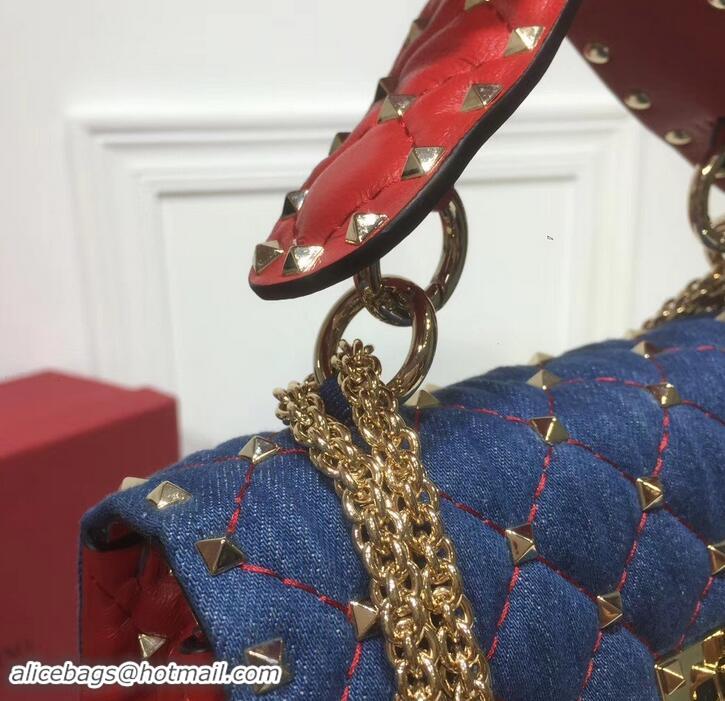 Best Valentino Small Rockstud Spike Chain Bag 0123 Denim Blue/Leather Red 2019