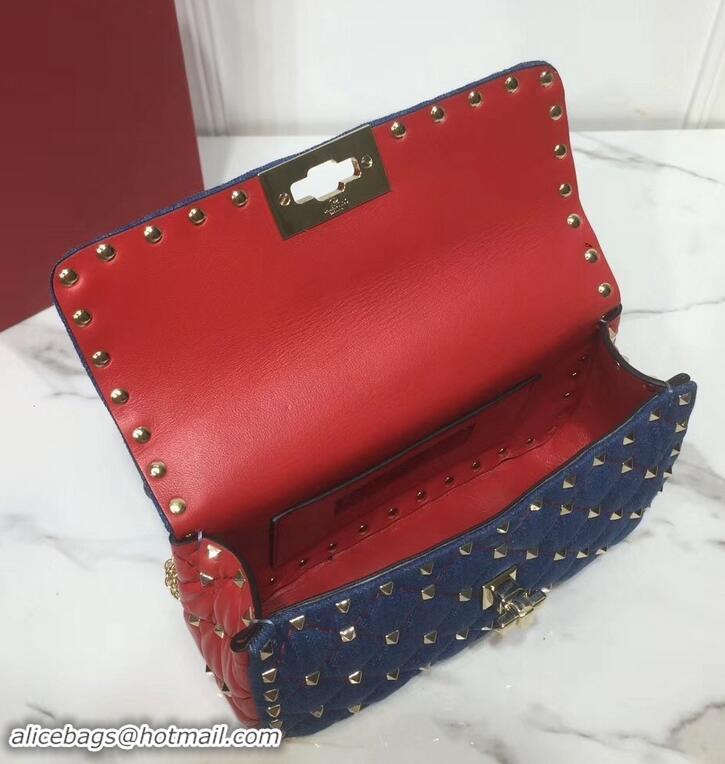 Best Valentino Small Rockstud Spike Chain Bag 0123 Denim Blue/Leather Red 2019