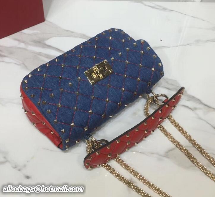 Best Valentino Small Rockstud Spike Chain Bag 0123 Denim Blue/Leather Red 2019