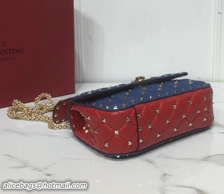 Best Valentino Small Rockstud Spike Chain Bag 0123 Denim Blue/Leather Red 2019