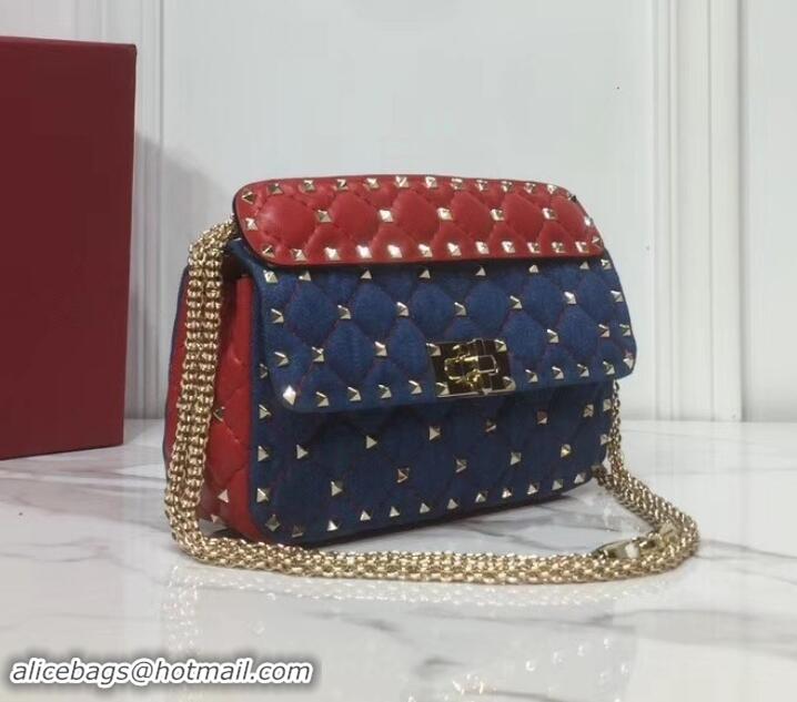 Best Valentino Small Rockstud Spike Chain Bag 0123 Denim Blue/Leather Red 2019