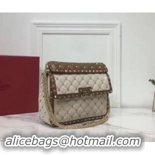 Fashion Valentino Medium Rockstud Spike Chain Bag 0122 Canvas White/Leather Brown 2019