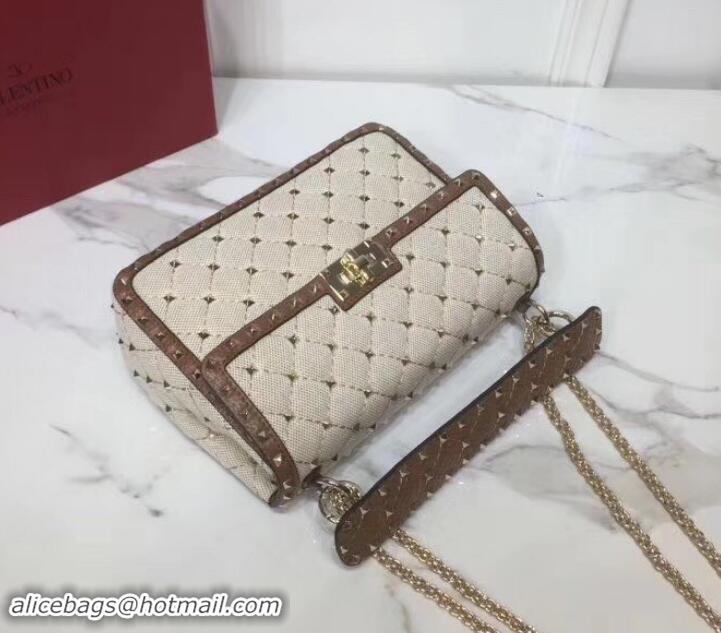 Fashion Valentino Medium Rockstud Spike Chain Bag 0122 Canvas White/Leather Brown 2019