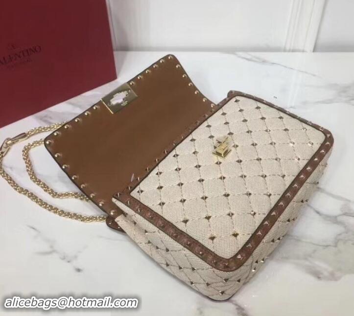 Fashion Valentino Medium Rockstud Spike Chain Bag 0122 Canvas White/Leather Brown 2019