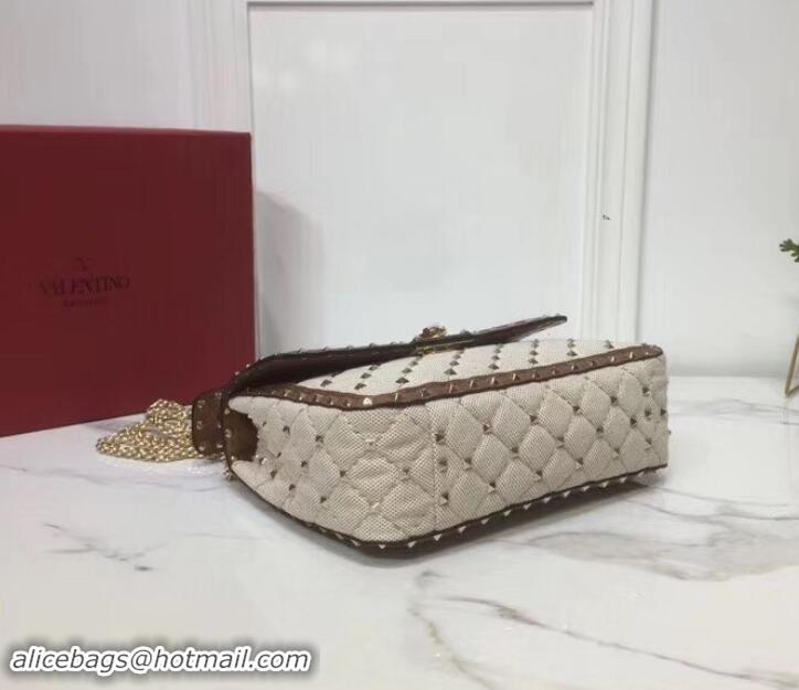 Fashion Valentino Medium Rockstud Spike Chain Bag 0122 Canvas White/Leather Brown 2019