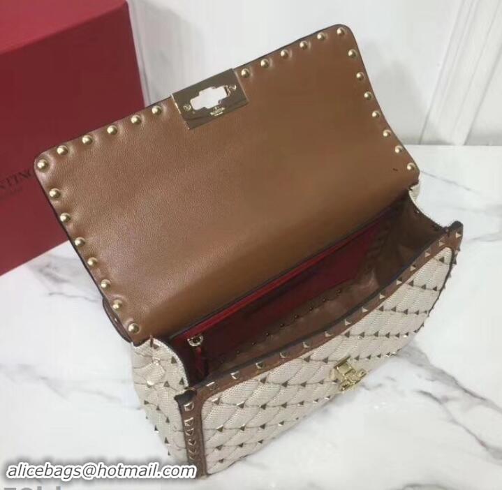 Fashion Valentino Medium Rockstud Spike Chain Bag 0122 Canvas White/Leather Brown 2019