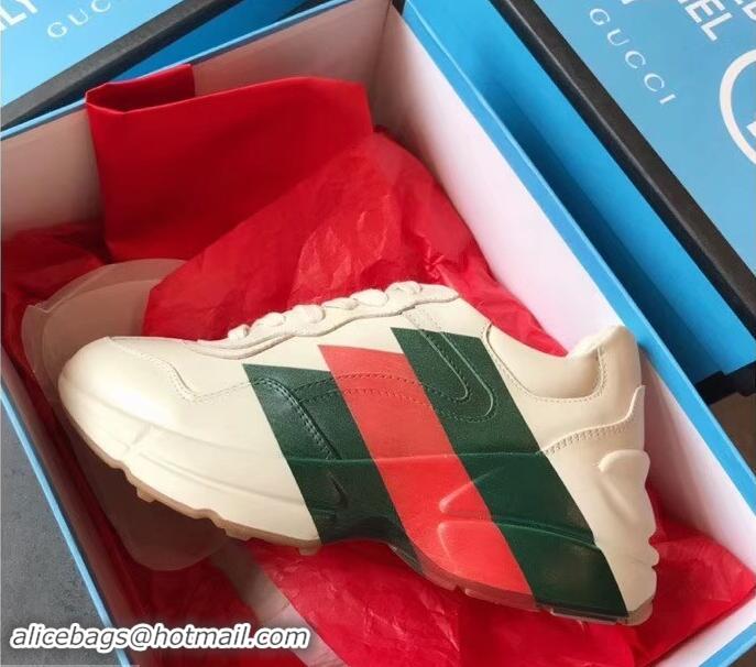 Classic Practical Gucci Rhyton Leather Sneakers 708012 Green/Red Web Print Ivory 2019