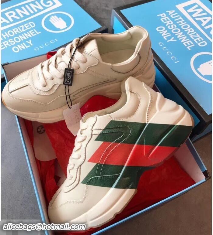 Classic Practical Gucci Rhyton Leather Sneakers 708012 Green/Red Web Print Ivory 2019