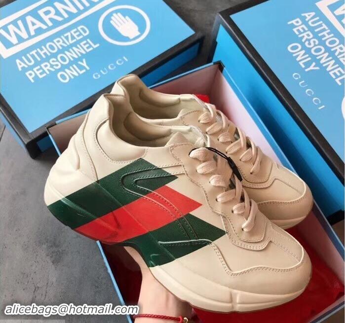 Classic Practical Gucci Rhyton Leather Sneakers 708012 Green/Red Web Print Ivory 2019