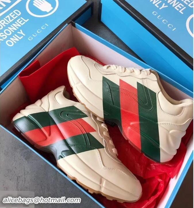 Classic Practical Gucci Rhyton Leather Sneakers 708012 Green/Red Web Print Ivory 2019