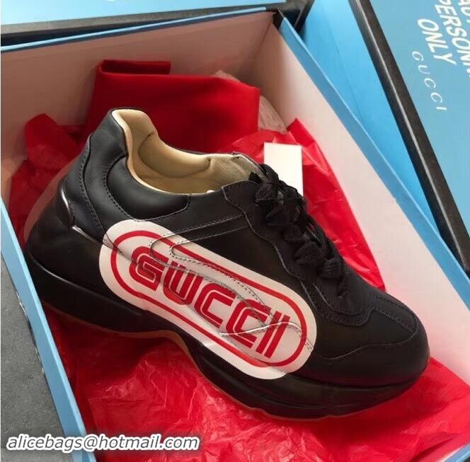 Classic Gucci Rhyton Leather Sneakers 708012 Logo Print Black 2019