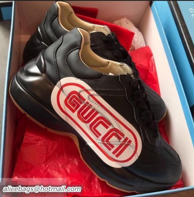 Classic Gucci Rhyton Leather Sneakers 708012 Logo Print Black 2019