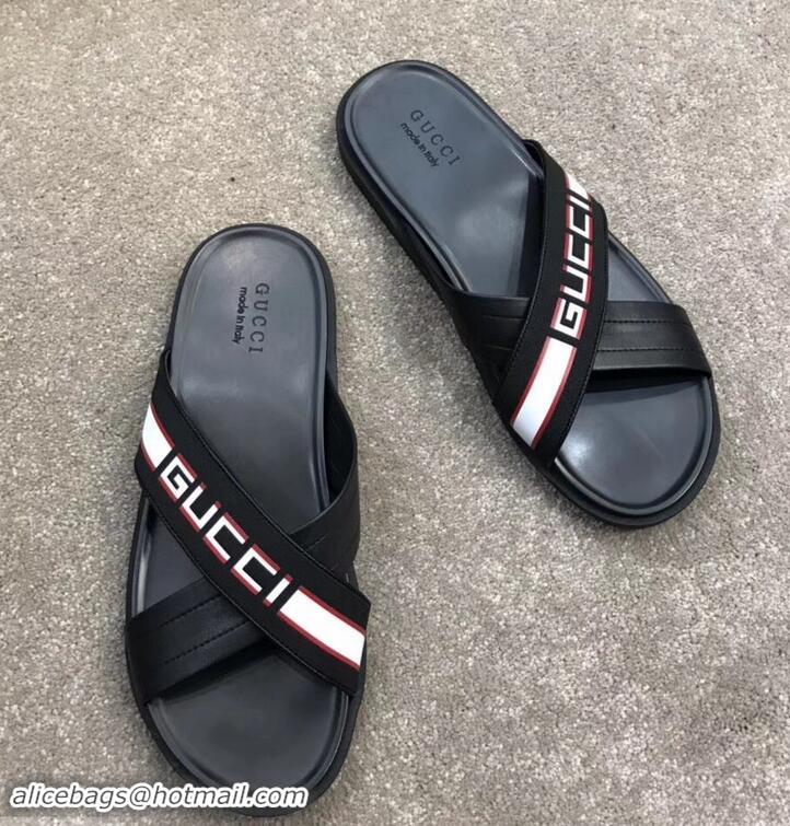 Unique Grade Gucci Men's Crossover Slide Sandals Stripe 708021 Black