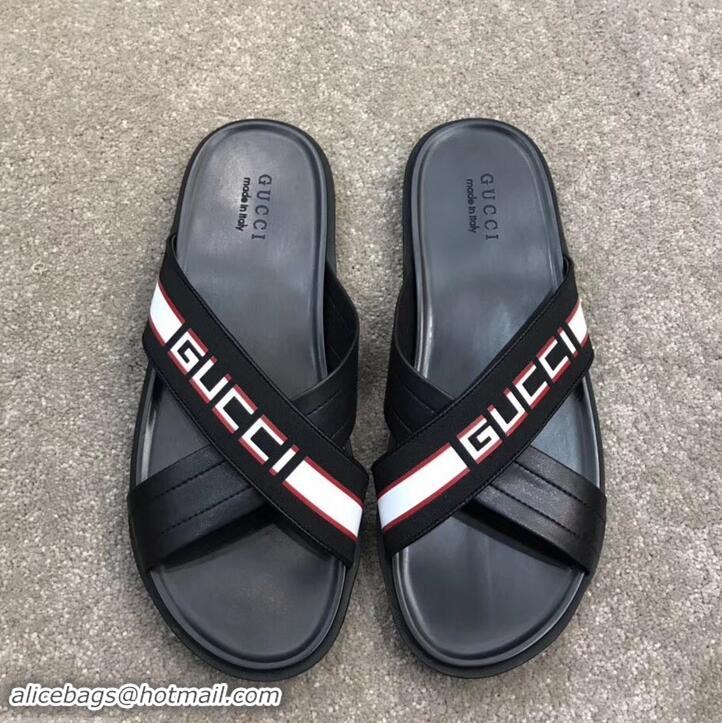 Unique Grade Gucci Men's Crossover Slide Sandals Stripe 708021 Black