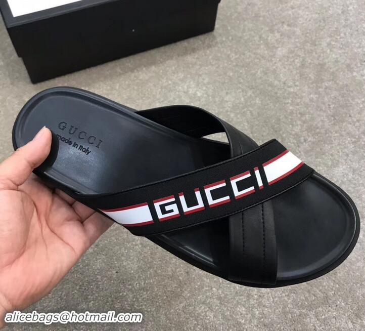 Unique Grade Gucci Men's Crossover Slide Sandals Stripe 708021 Black