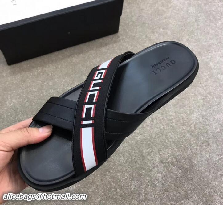 Unique Grade Gucci Men's Crossover Slide Sandals Stripe 708021 Black