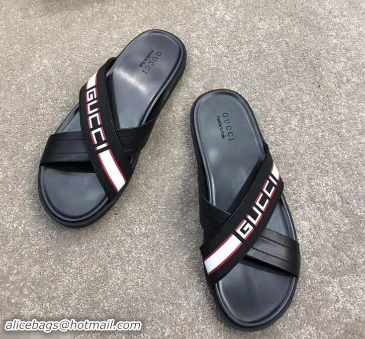 Unique Grade Gucci Men's Crossover Slide Sandals Stripe 708021 Black