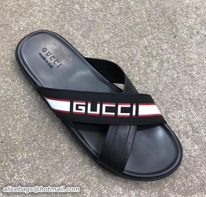 Unique Grade Gucci Men's Crossover Slide Sandals Stripe 708021 Black