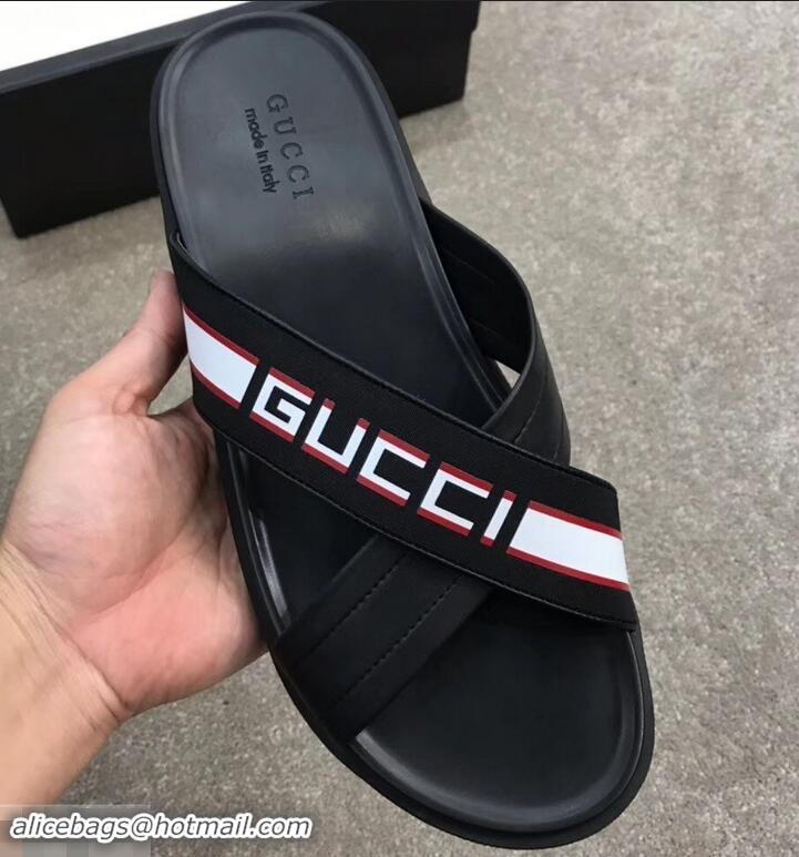 Unique Grade Gucci Men's Crossover Slide Sandals Stripe 708021 Black