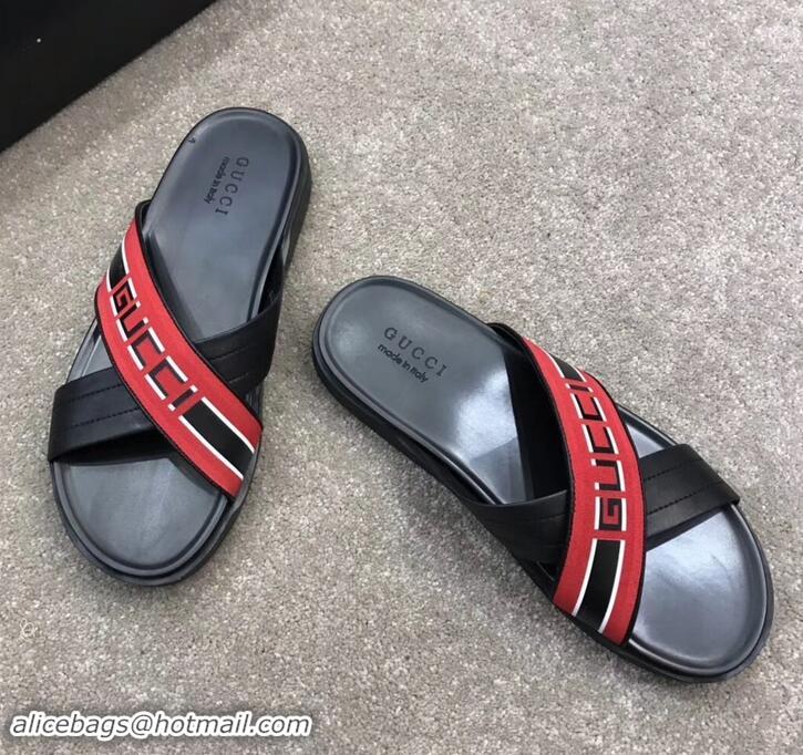 Promotion Gucci Men's Crossover Slide Sandals Stripe 708021 Red