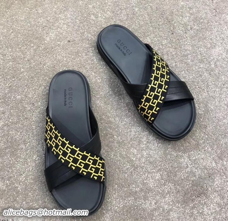 Super Quality Gucci Men's Crossover Slide Sandals 708022 Yellow G Logo