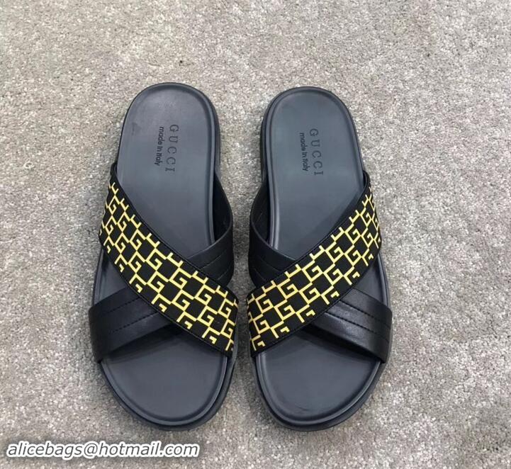 Super Quality Gucci Men's Crossover Slide Sandals 708022 Yellow G Logo