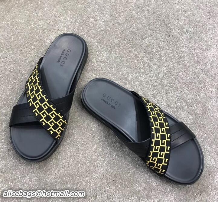 Super Quality Gucci Men's Crossover Slide Sandals 708022 Yellow G Logo