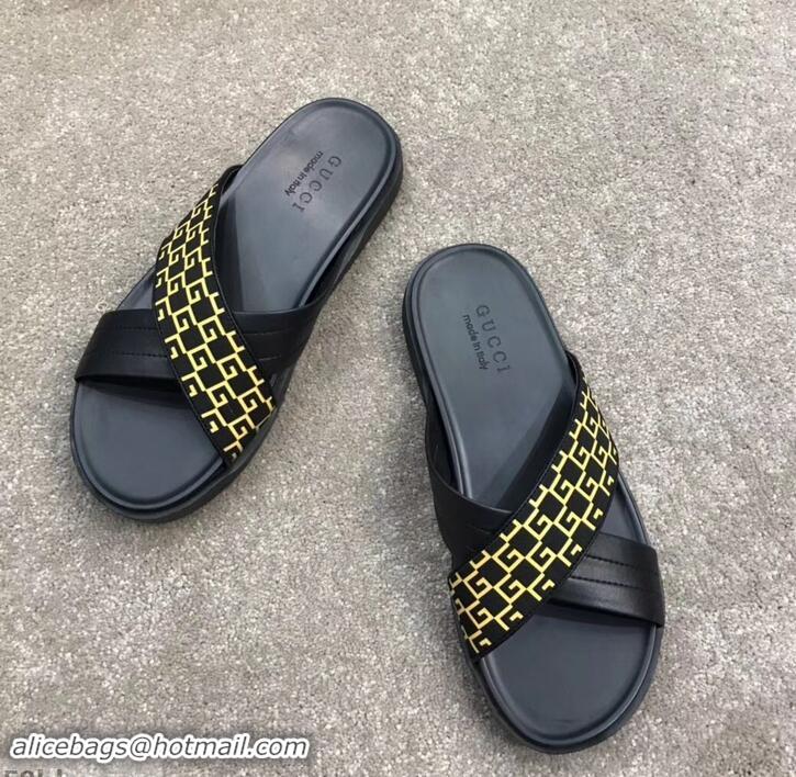 Super Quality Gucci Men's Crossover Slide Sandals 708022 Yellow G Logo