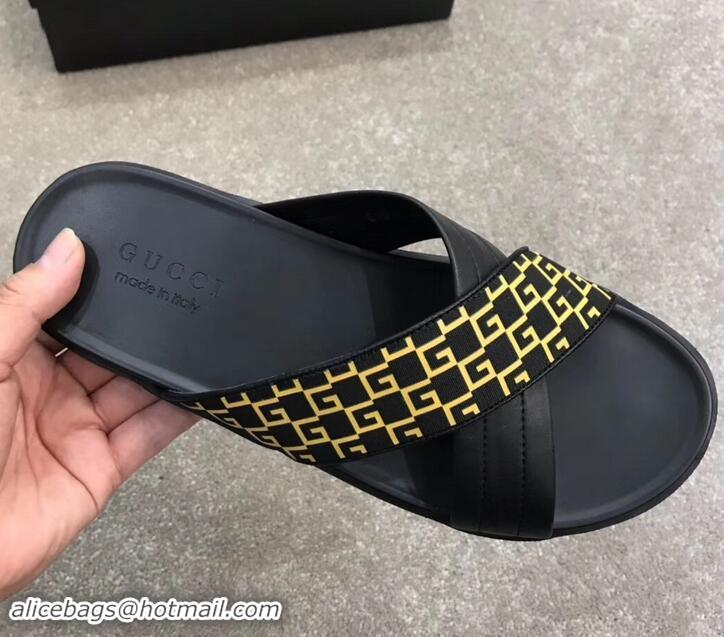 Super Quality Gucci Men's Crossover Slide Sandals 708022 Yellow G Logo