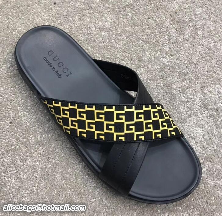 Super Quality Gucci Men's Crossover Slide Sandals 708022 Yellow G Logo