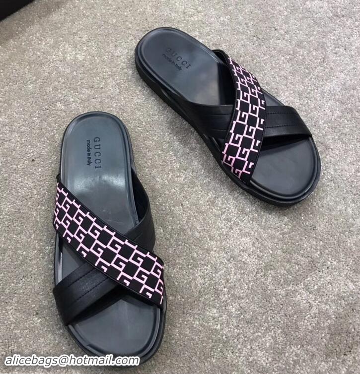 Classic Gucci Men's Crossover Slide Sandals 708022 Pink G Logo