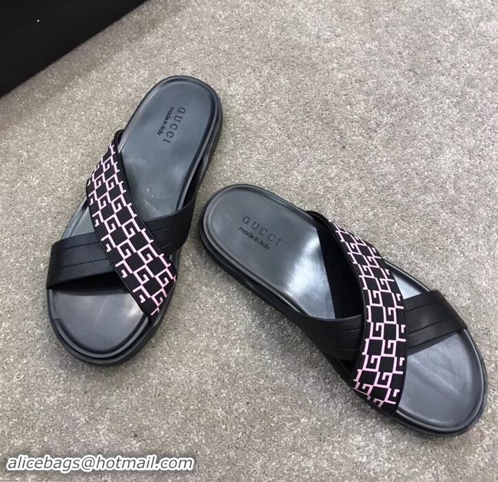 Classic Gucci Men's Crossover Slide Sandals 708022 Pink G Logo