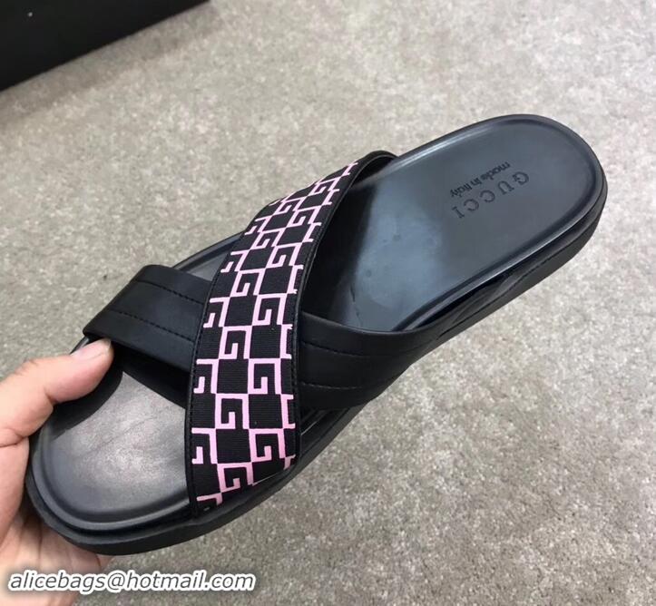 Classic Gucci Men's Crossover Slide Sandals 708022 Pink G Logo