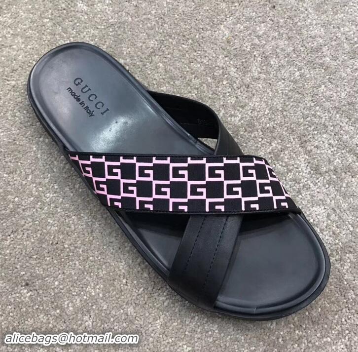 Classic Gucci Men's Crossover Slide Sandals 708022 Pink G Logo