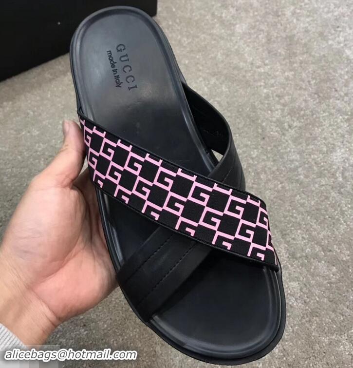 Classic Gucci Men's Crossover Slide Sandals 708022 Pink G Logo