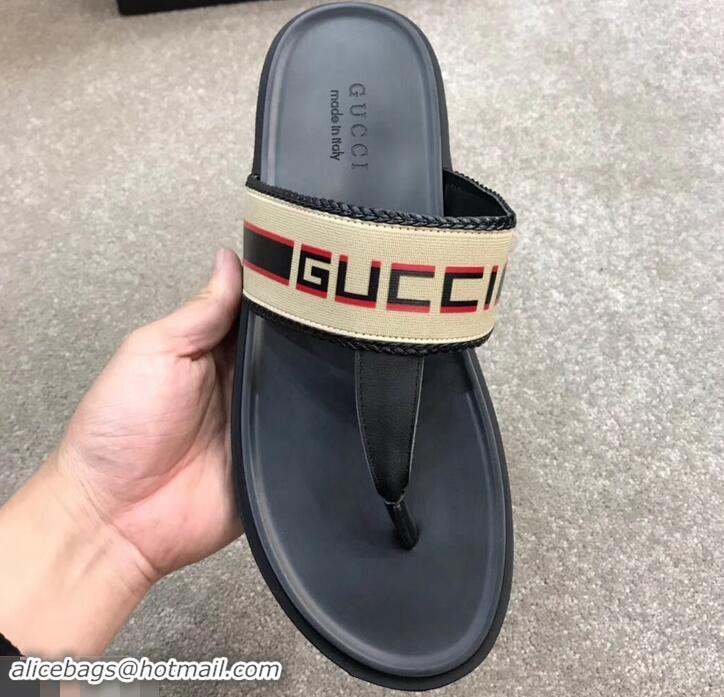 Luxury Gucci Men's Thong Sandals Stripe 708025 Beige