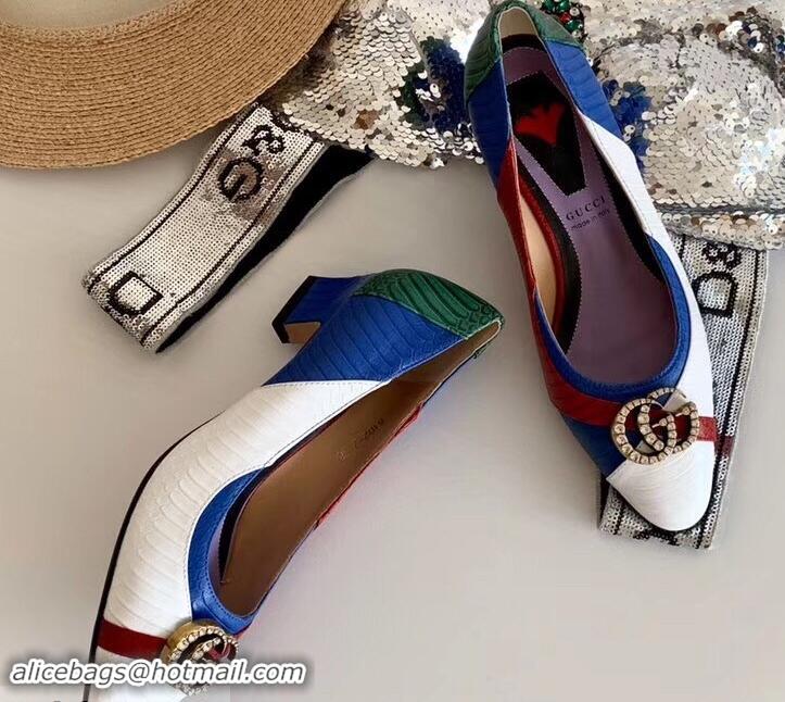 Fashion Gucci Snakeskin Pumps with Crystal Double G 431469 White