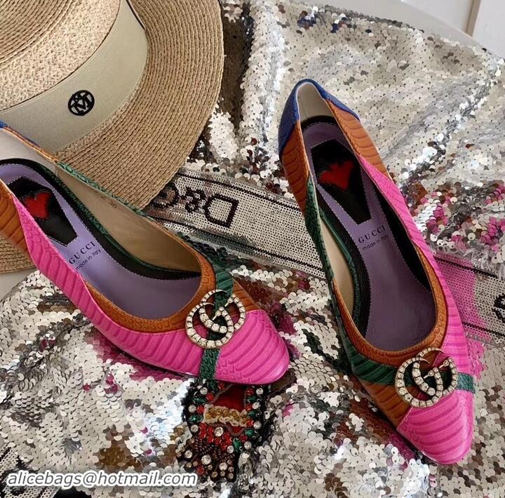 Sumptuous Gucci Snakeskin Pumps with Crystal Double G 431469 Fuchsia