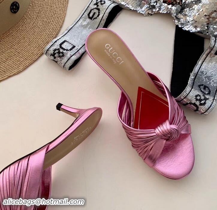 Hot Style Gucci Front Knot Leather Mid-heel Sandals 577229 Metallic Pink 2019