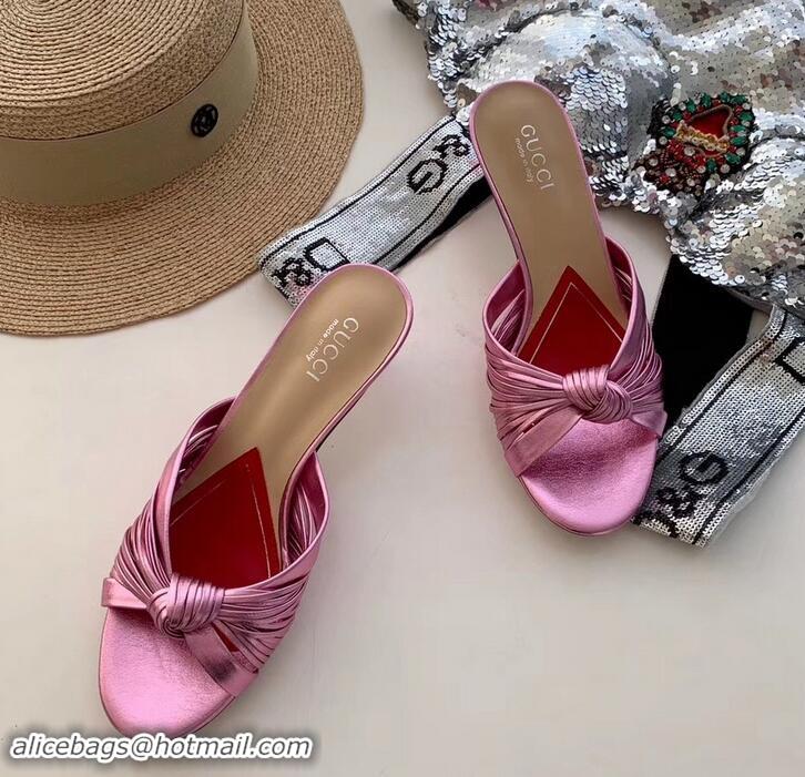 Hot Style Gucci Front Knot Leather Mid-heel Sandals 577229 Metallic Pink 2019