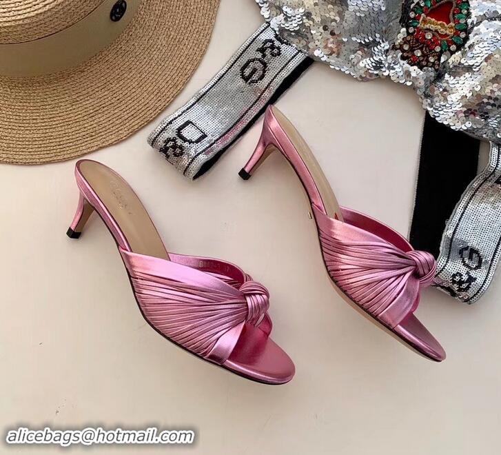 Hot Style Gucci Front Knot Leather Mid-heel Sandals 577229 Metallic Pink 2019