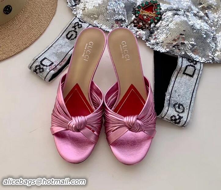 Hot Style Gucci Front Knot Leather Mid-heel Sandals 577229 Metallic Pink 2019