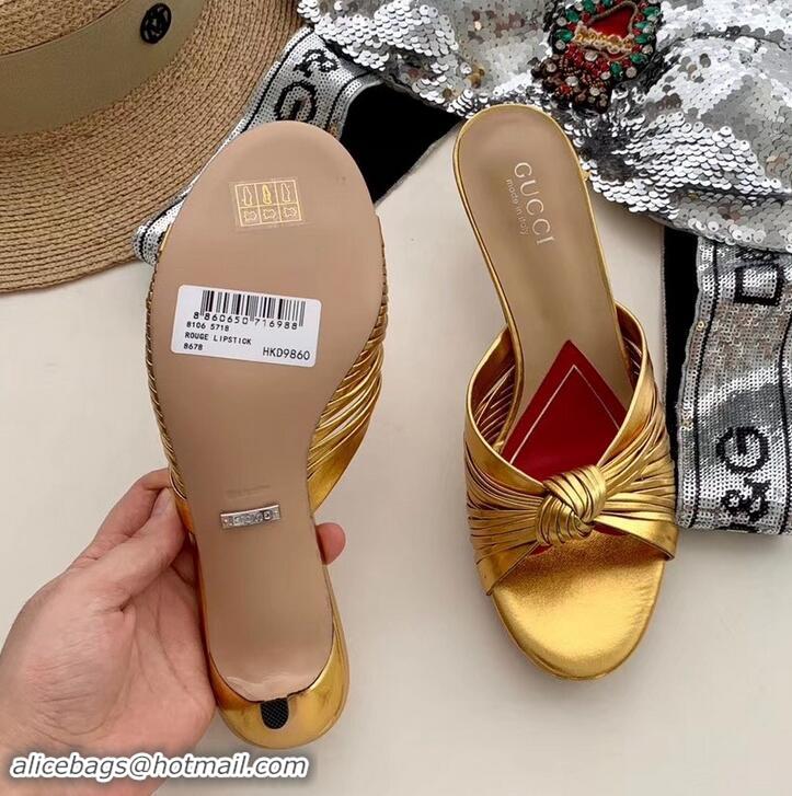 Grade Gucci Front Knot Leather Mid-heel Sandals 577229 Metallic Gold 2019