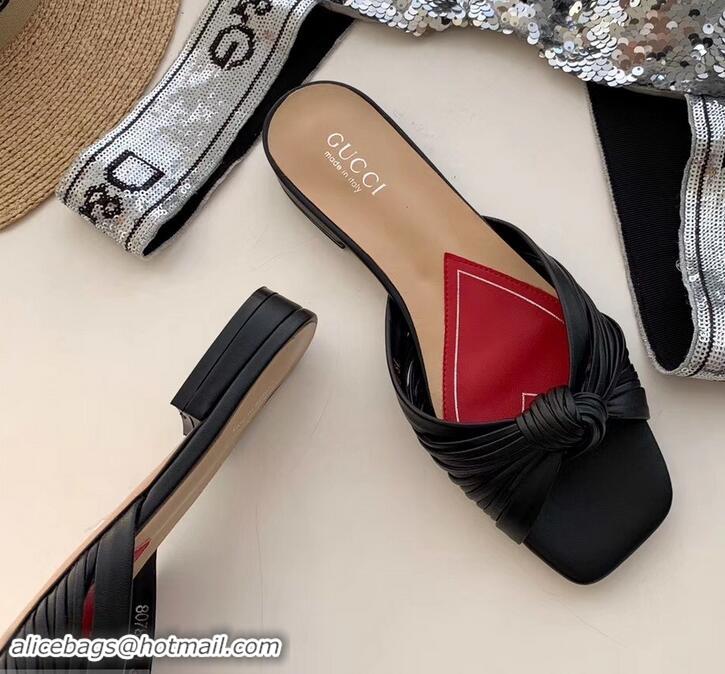 Perfect Gucci Front Knot Leather Slide Sandals 577231 Black 2019